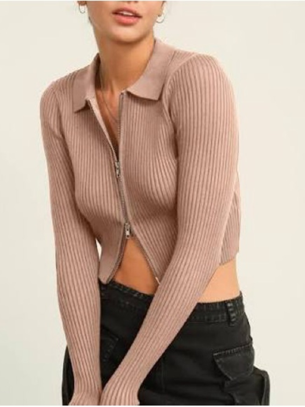 H&M 2 Ribbed Zip-Up Cropped Cardigan in gray-beige
